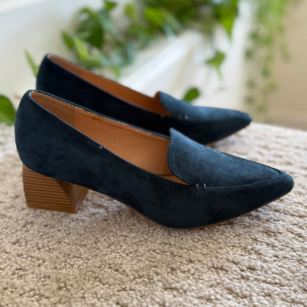SUNDANCE Blue Suede Leather Square Toe Block Heel Loafers Pumps Shoes WOMEN 7